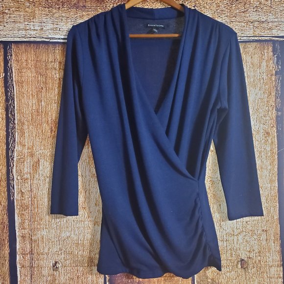 41 hawthorn henri surplice wrap ruched knit top